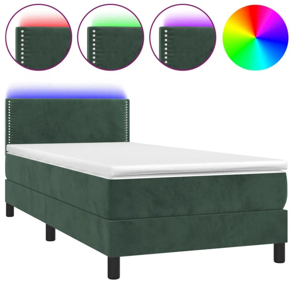 sötétzöld bársony rugós és LED-es ágy matraccal 80 x 200 cm