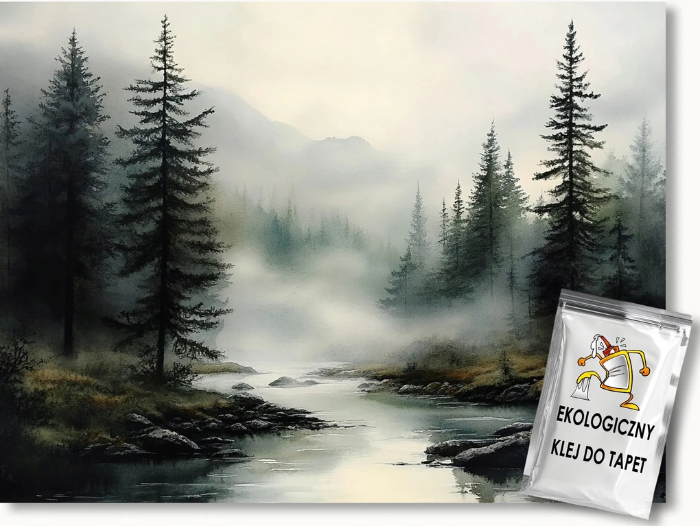 Fotótapéta Flizelina Tájkép Kilátás Hegyek Erdő Fák Folyó Köd 100x75 ragasztó