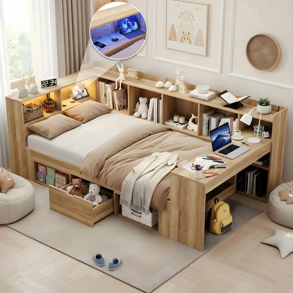 Gyerekágy Összecsukható kanapé Polcok Fiókok Iskola Usb Led 90X200 Fenyő