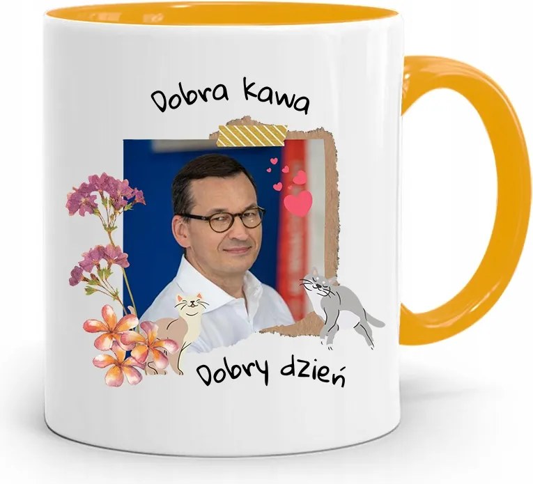 Sárga Politikus Bögre Mateusz Morawiecki Miniszterelnök fényképes nyomtatással