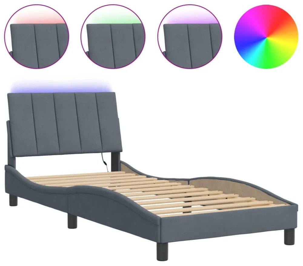 sötétszürke bársony ágykeret LED-ekkel matrac nélkül Hanko 90 x 200 cm