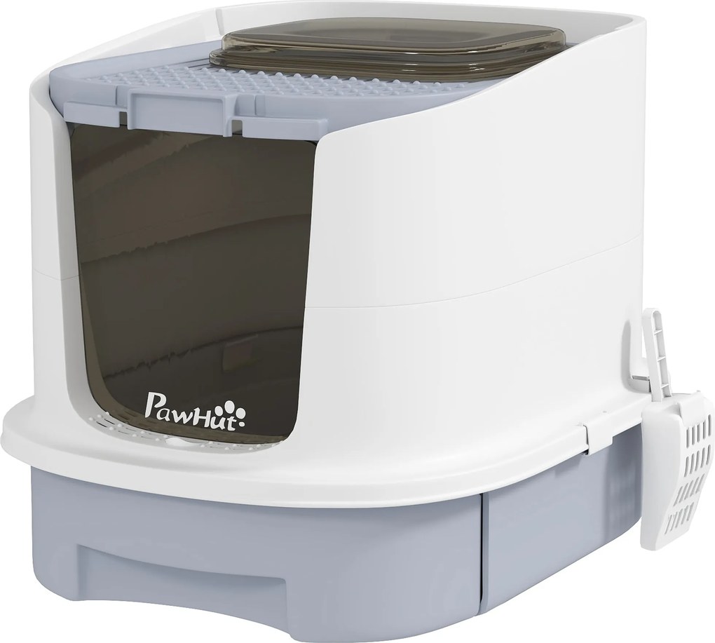 PawHut Fedett Macskaalom Doboz Elöl Belépő Fentről Kijárat Levehető Tető Csúsztatható Tálca és Lapát 40,5x52,5x42,5 cm Fehér és Szürke | Aosom