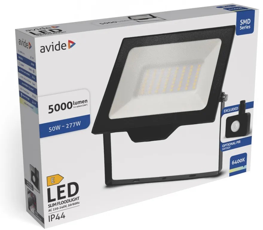 Avide ABLRFLCW-50WQC-OPIR LED reflektor, 50W, 6400K, 5000 lm, IP44