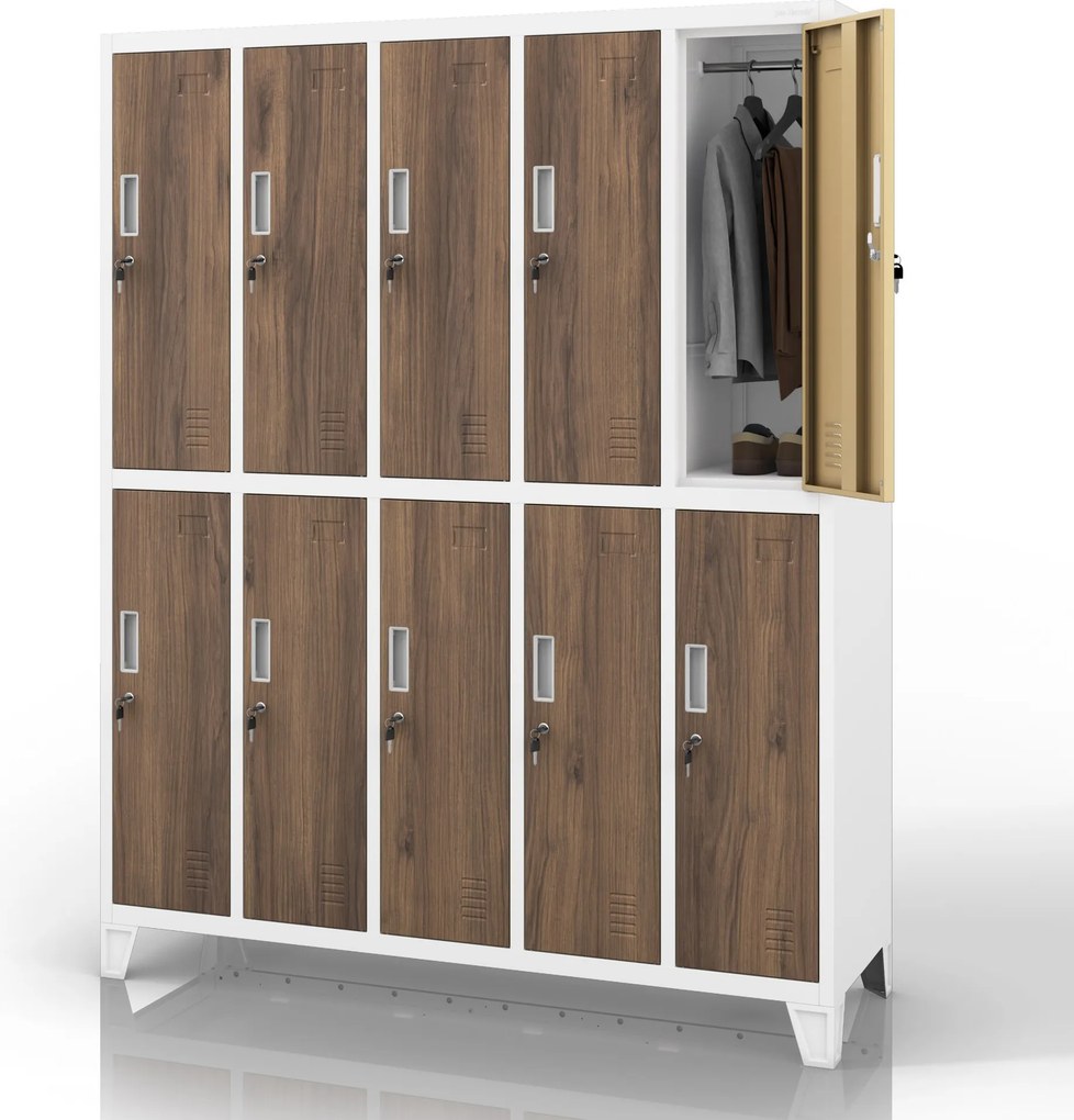 Munkavédelmi öltözőszekrény, 10 ajtós, fehér/dió, 1360x1720x450 mm: BARTEK Eco Design