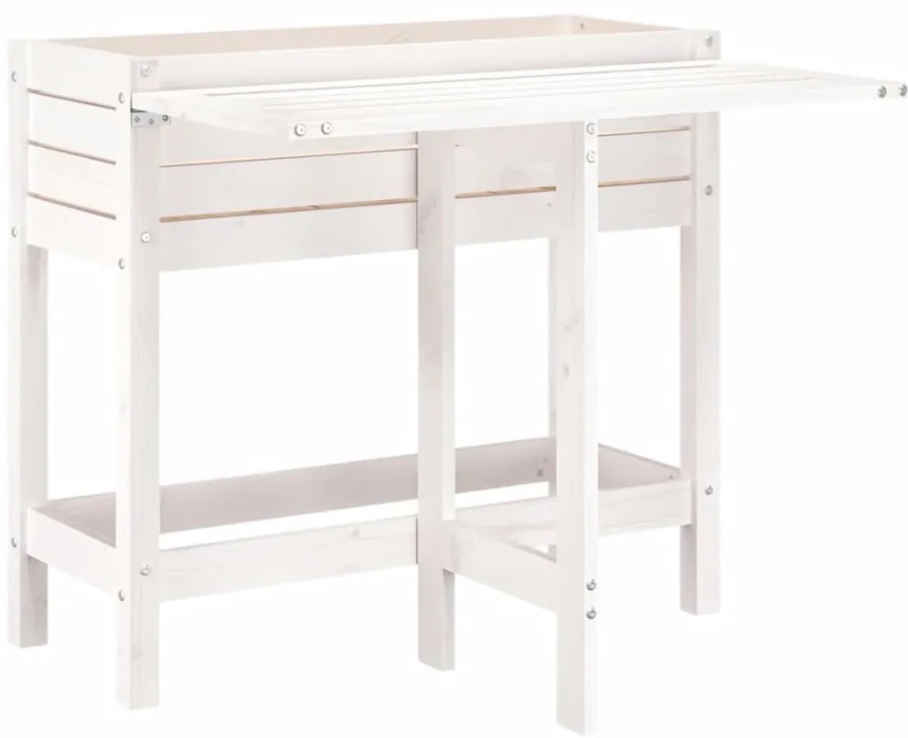 fehér tömör fenyőfa kerti ültetőláda összecsukható asztallappal