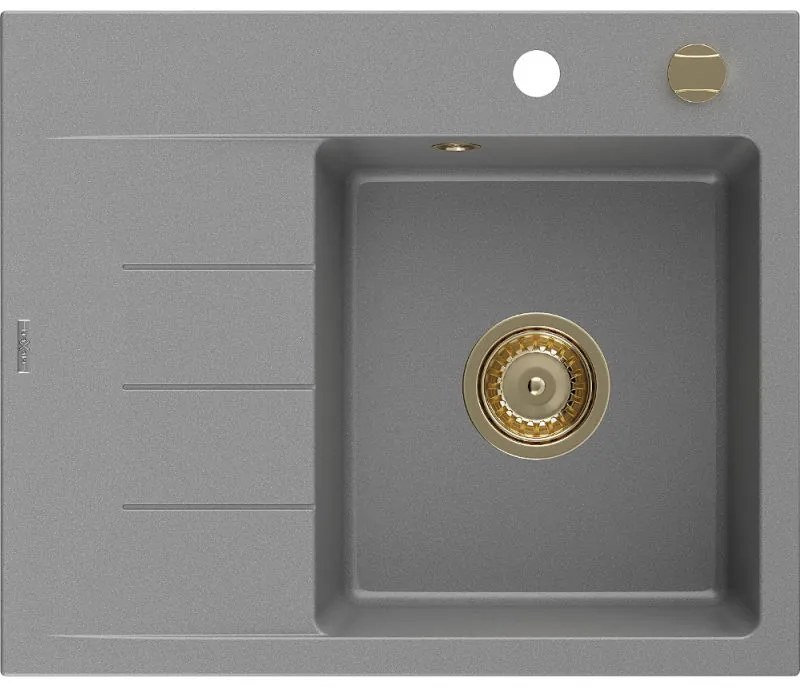 Mexen Ben gránit mosogató 1-medencés csepegtetővel, jobb oldali 600 x 500 mm, szürke, arany szifon - 6523605000-71-G