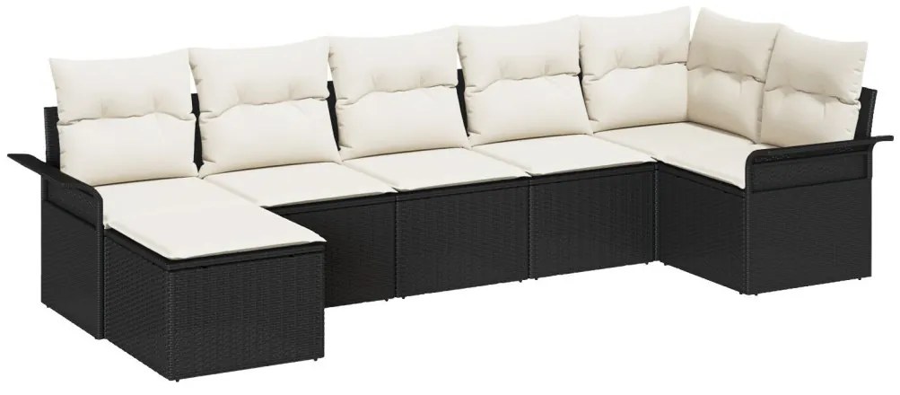 7 darabos kertiszófa készlet párnákkal fekete poly rattannal, 2 üléses kertiszófa tárolóval és párnákkal fekete poly rattannal