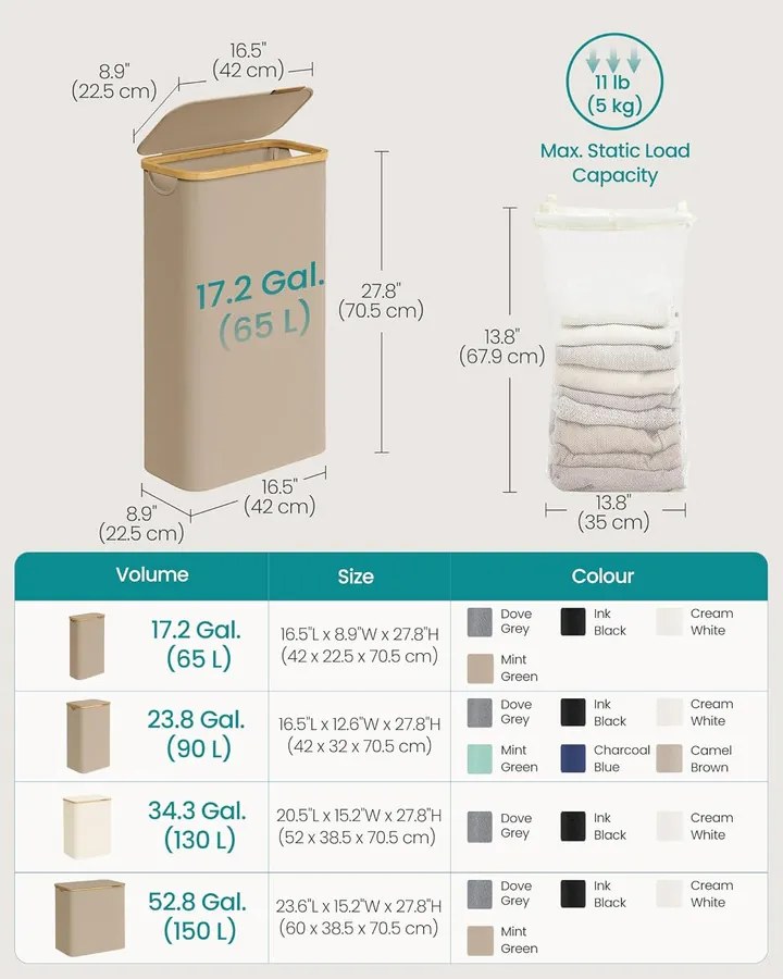 Szennyeskosár fedővel, keskeny szennyes tároló, 65 L, 42 x 22,5 x 70,5 cm, Tevebarna