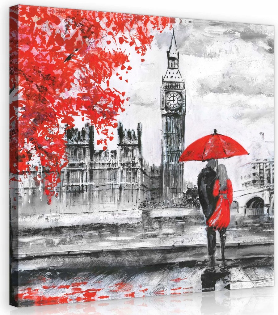 Vászonkép 40x40 London eső esernyő piros Big Ben ősz