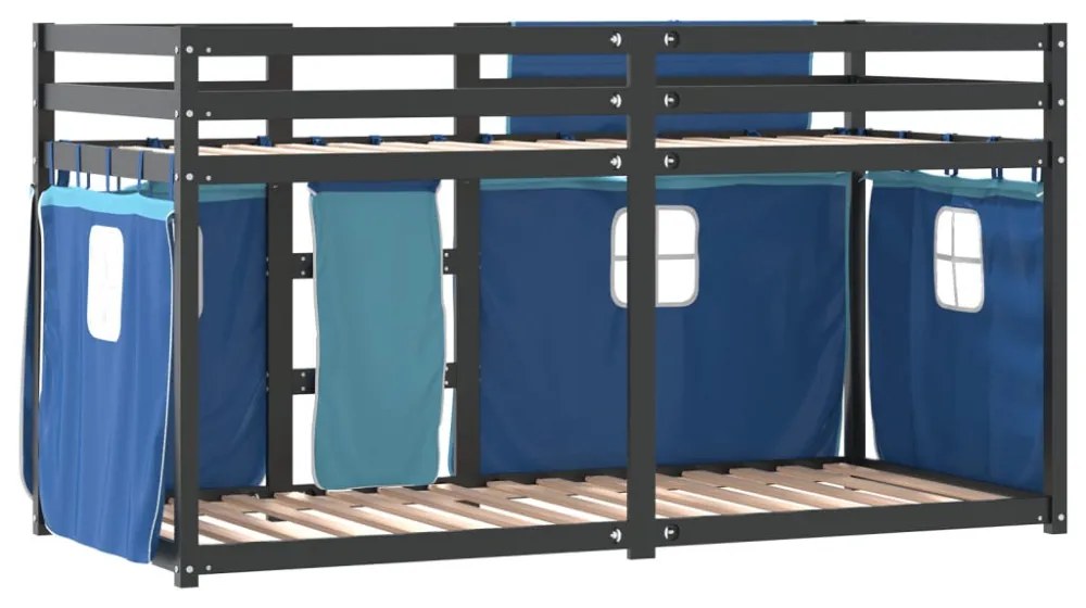 kék tömör fenyőfa emeletes ágy függönyökkel 90 x 200 cm