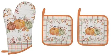 Őszi pamut edényfogó kesztyű és 2 db edényalátét dísztök mintával