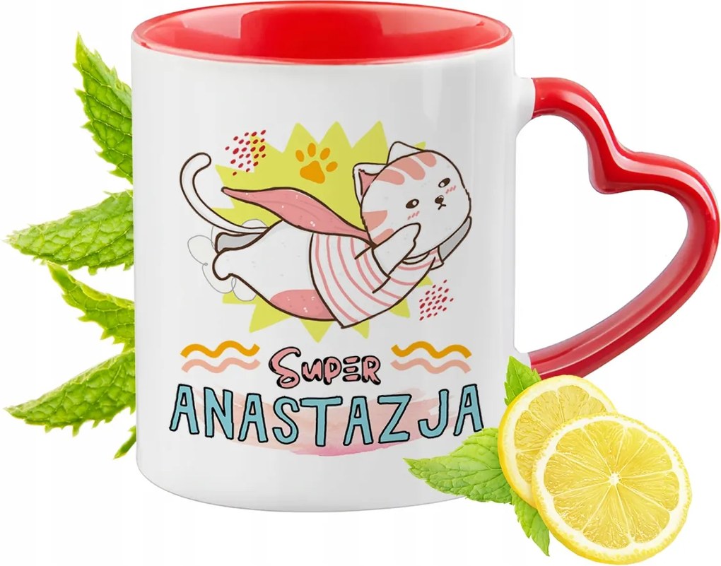 Piros bögre szív alakú füllel Anasztázia számára Ajándék