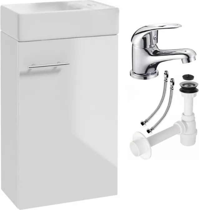 Függő fürdőszobai mosdó szekrény csaptelep fehér fényes Kim 40cm