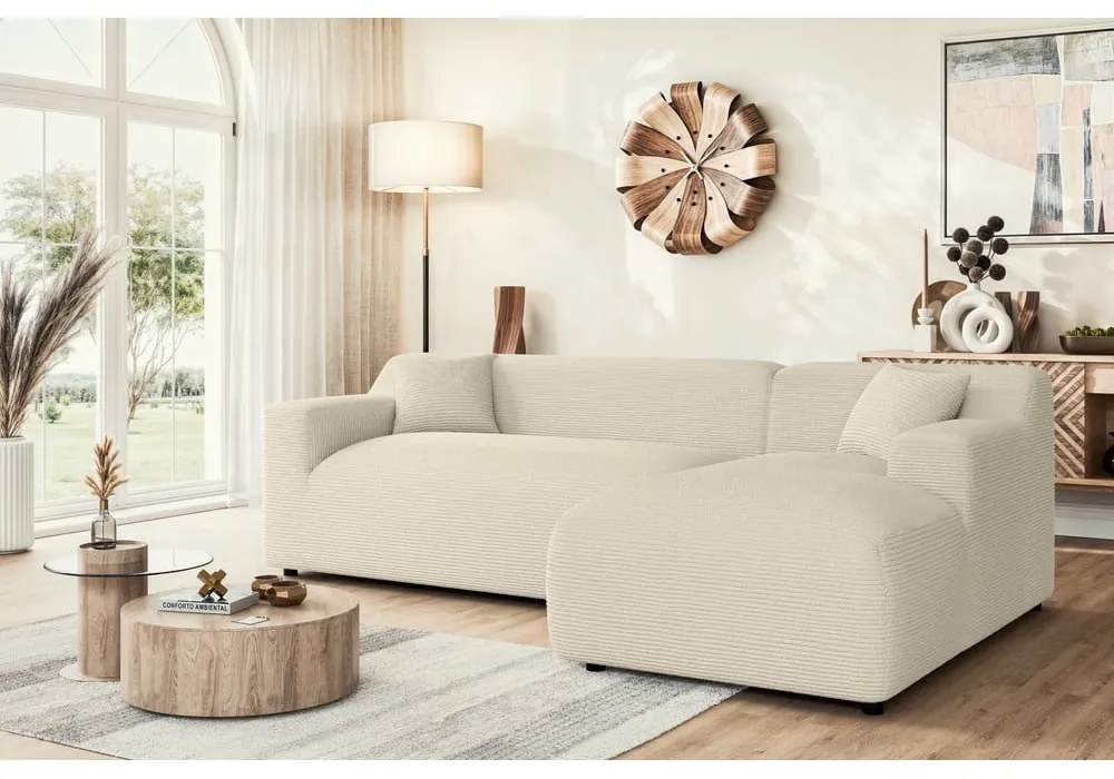 Bézs-krémszínű kordbársony sarokkanapé (jobb oldali-heverő résszel) Martin – Ropez