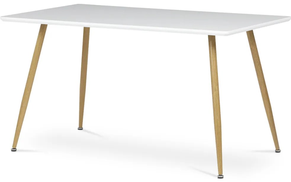 Masă de sufragerie 140x80, MDF, blat alb mat, picioare metalice de culoare stejar
