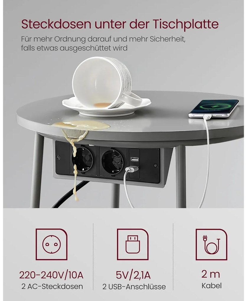 Kerek dohányzóasztal usb töltő porttal, kis asztal aljzattal, szürke-palaszürke