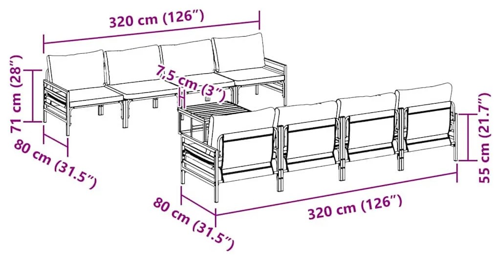 Kerti Kanapé Szett párnával 9 pcs Antracitszürke Acél &amp; szövet