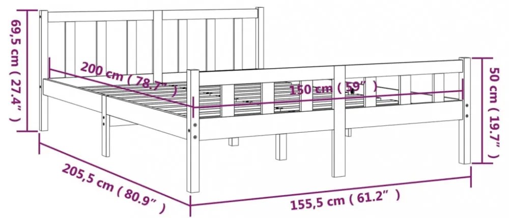 King Size mézbarna tömör fa ágykeret 150 x 200 cm