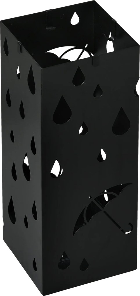 HOMCOM Esernyőtartó 4 Kampóval, Vízgyűjtő Tálcával, Fekete Acél Esernyő- és Bottartó 15,5 x 15,5 x 40 cm | Aosom