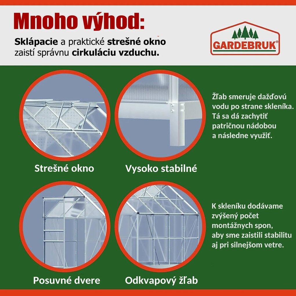Gardebruk M4 polikarbonát kerti üvegház alappal, 250x190x195cm, átlátszó