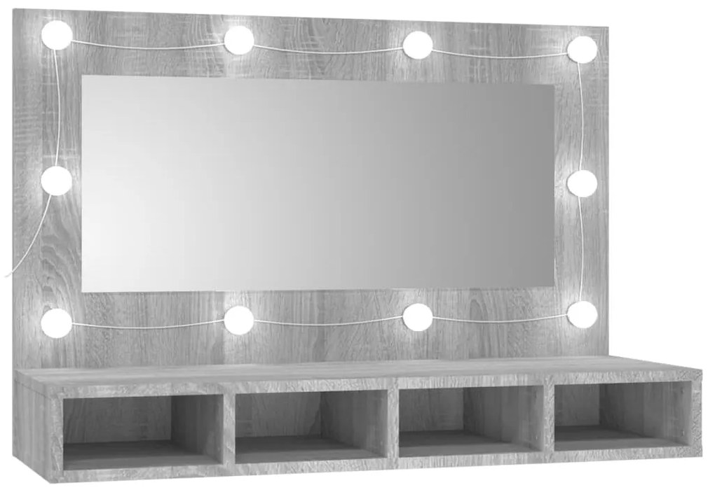 szürke sonoma színű tükrös szekrény LED-ekkel 90 x 31,5 x 62 cm