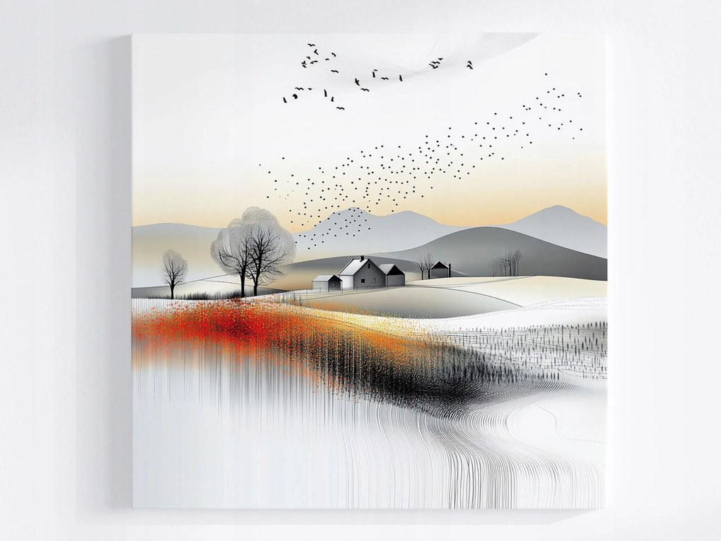 Vászonkép Canvas Tájkép Hegyek Dombok Falu Mezők Virágok Madarak 80x80