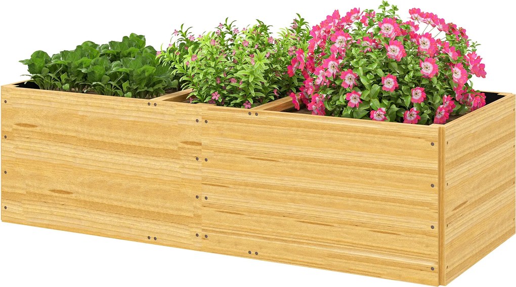 Outsunny Nagy Kültéri Fa Virágtartó 3 Ültető Zónával és Béléssel 140x60x40 cm Természetes | Aosom