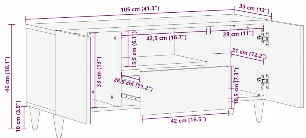 TV szekrény fiókkal Fehér 105 x 33 x 46 cm tömör mangófa