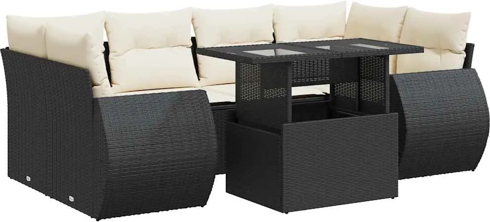 vidaXL 7 részes fekete polyrattan kerti ülőgarnitúra párnával