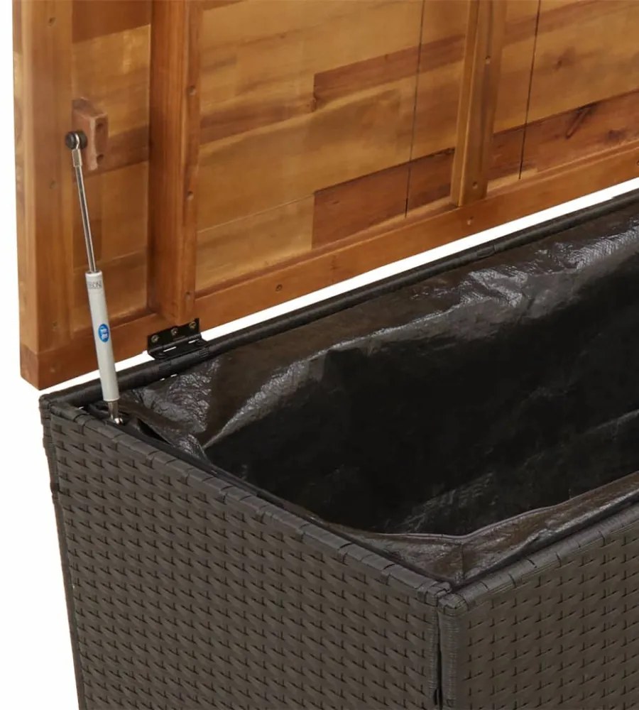 fekete polyrattan és akácfa kerti tárolóláda 110 x 55 x 63 cm