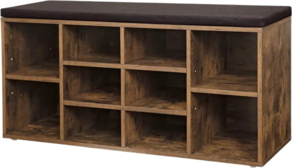 GABI cipősszekrény párnázott ülőkével, 10 rekesz, 104x30x48cm, fekete/sötét barna Vasagle