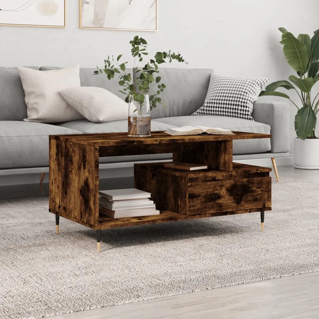 Füstös tölgy színű szerelt fa dohányzóasztal 90x49x45 cm