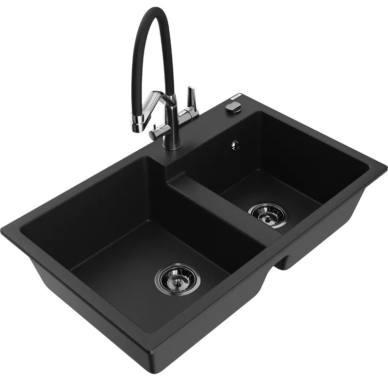 Mexen Tomas gránit kétmedencés mosogató konyhai csapteleppel Duo, fekete - 6516-77-671701-07-B