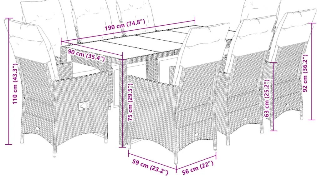 9 részes bézs polyrattan kerti bisztrógarnitúra párnákkal