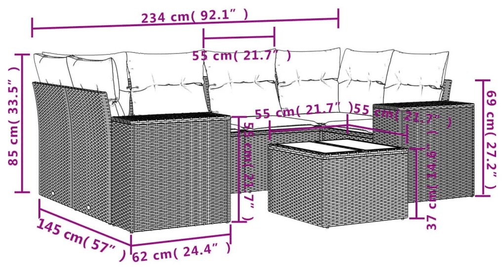 7 részes világosszürke polyrattan kerti ülőgarnitúra párnákkal