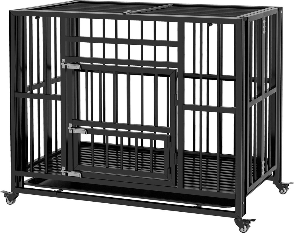 PawHut Kutya Ketrec, Állatketrec, Összecsukható Kutya Ház Kicsi és Közepes Kutyák Számára, Kutya Ketrec Két Ajtóval, Kerekekkel, Acél, Fekete, 94 x 58