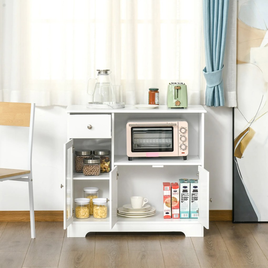 HOMCOM Mikrohullámú Sütőszekrény, Konyhai Buffét, Tárolószekrény, Konyhába és Étkezőbe 90 x 40 x 82 cm Edzett Üveg és Fa, Fehér | Aosom