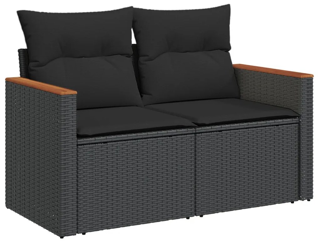 8 darabos Kerti Sofasor Párnákkal Fekete Poli Rattan Akácia, 3 darabos Kerti Étkezőszett Párnákkal Fekete Poli Rattan Akácia