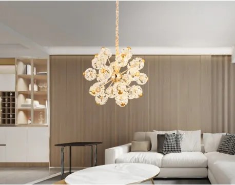 Globo 16023H2 Függesztett lámpa, arany színű fém, átlátszó üvegkristályok, ø: 650 mm, M: 1350 mm, LED 70 W, 7600lm forrás, 6800lm kimenet, 3000K