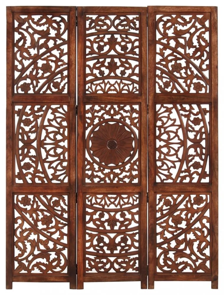 3 paneles barna kézzel faragott mangófa térelválasztó 120 x 165