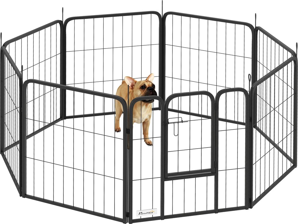 PawHut Kutya Játékkerítés, 8 Paneles Moduláris és Hajtható Kutya Zárt Tér, 60 cm Magas Hordozható Acél Kerítés 1 Ajtóval, Kis Kutya Kert, Beltéri és K