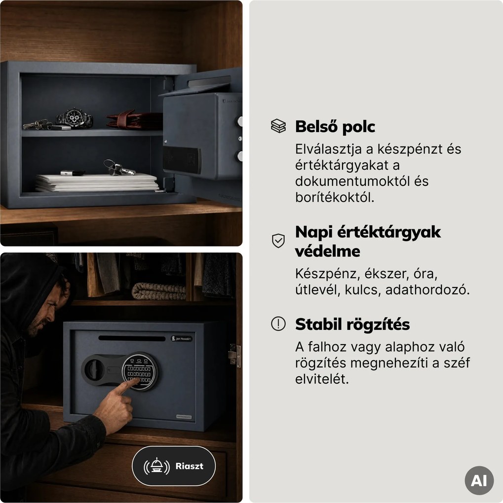 Kis bedobós széf kódzárral, elektronikus, napi bevételhez és borítékokhoz, 350x250x250 mm: PIERCE