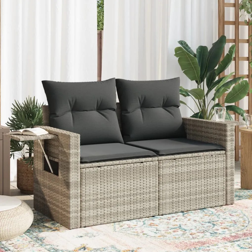 2 személyes világosszürke polyrattan kerti kanapé párnával