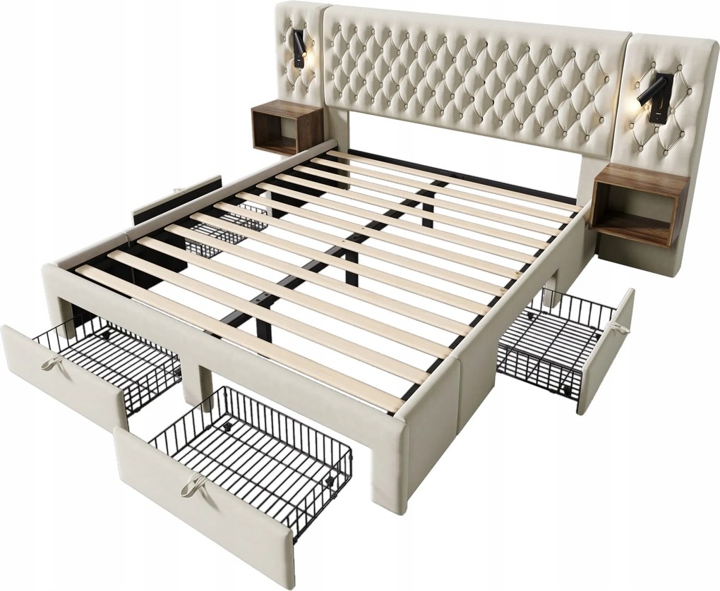 Kárpitozott ágy Franciaágy 160x200cm 2éjjeliszekrény 4fiók Usb Led