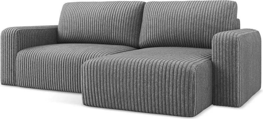 Szürke kordbársony kinyitható-tárolóhelyes sarokkanapé (jobb oldali-heverő résszel) Kona – Makamii