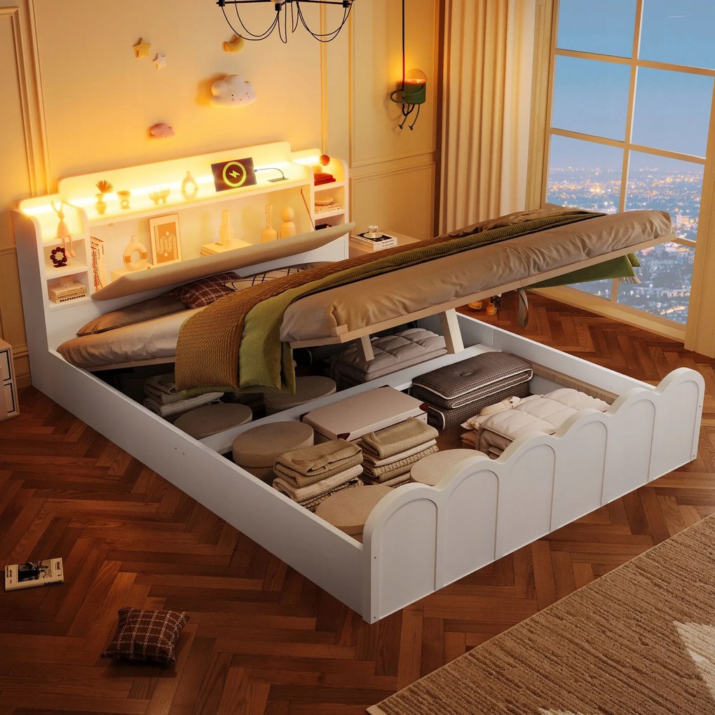 Kárpitozott ágy Dupla ágy Hidraulikus Led Usb , 140 x 200 cm fehér