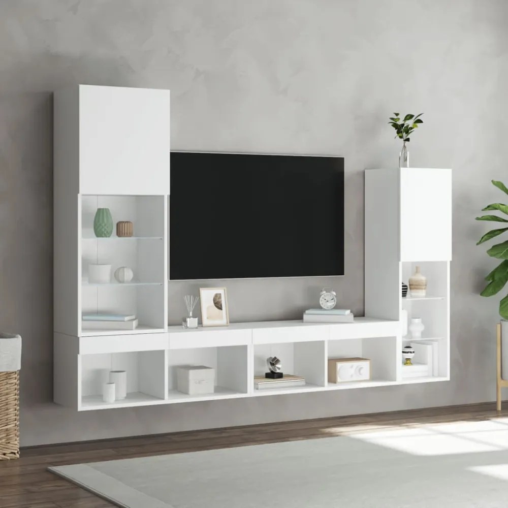 4 darab fehér szerelt fa fali TV-bútor LED-del