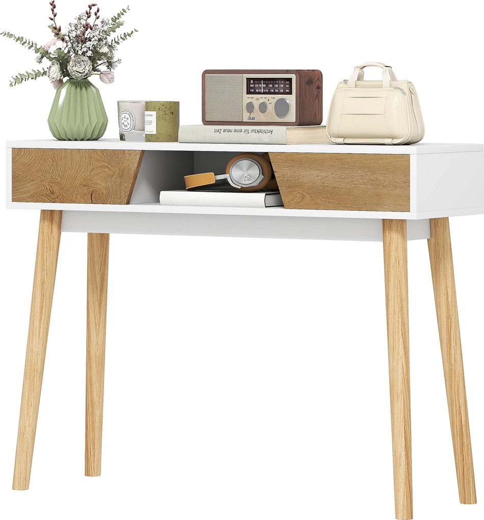 HOMCOM Keskeny Konzoltábla Előszoba Konzol Modern Kanapé Asztal 2 Fiókkal és Nyitott Rekesszel, Fa Lábakkal Előszobában, Nappaliban vagy Hálószobában