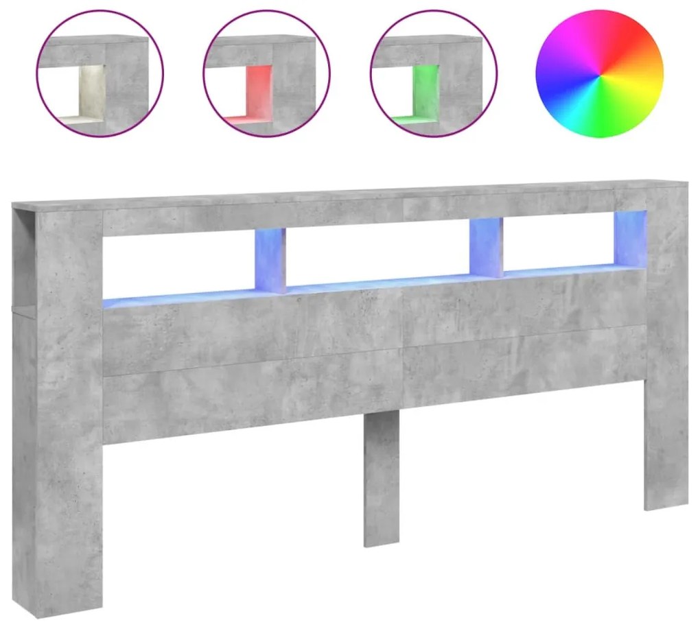 betonszürke szerelt fa LED-es fejtámla 220x18,5x103,5 cm