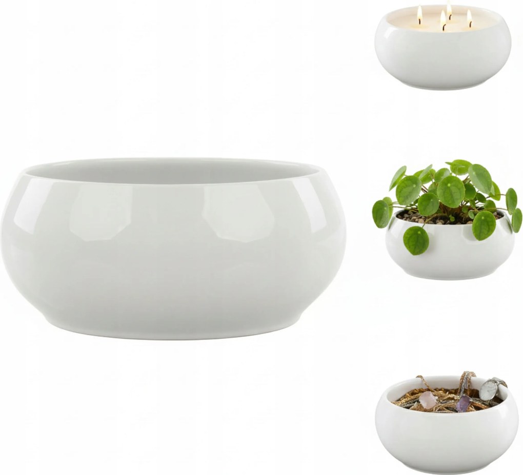 Virágcserép kaspó, kerámia tál, fehér fényes ø14cm sima, glamour stílusú